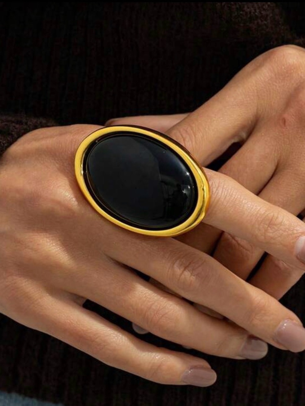 Gold-Trim Black Oval Statement Ring - Women Accessories